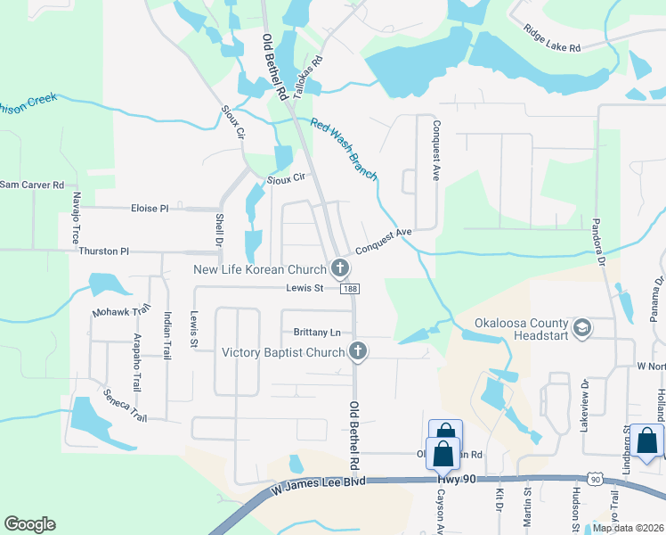 map of restaurants, bars, coffee shops, grocery stores, and more near 101 Conquest Avenue in Crestview