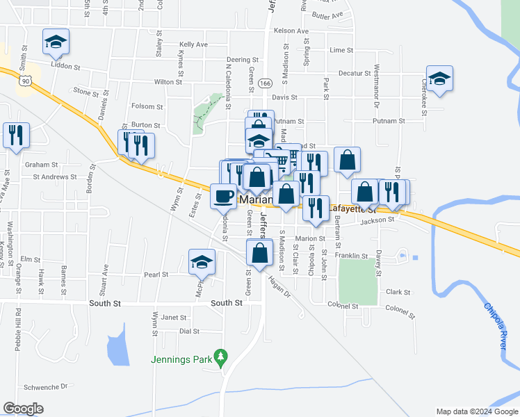 map of restaurants, bars, coffee shops, grocery stores, and more near 4435 Lafayette Street in Marianna