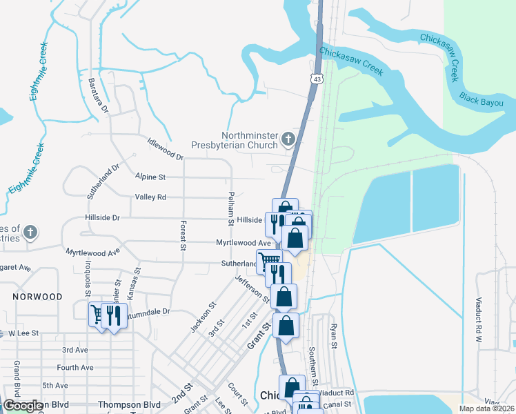 map of restaurants, bars, coffee shops, grocery stores, and more near 108 Hillside Drive in Chickasaw