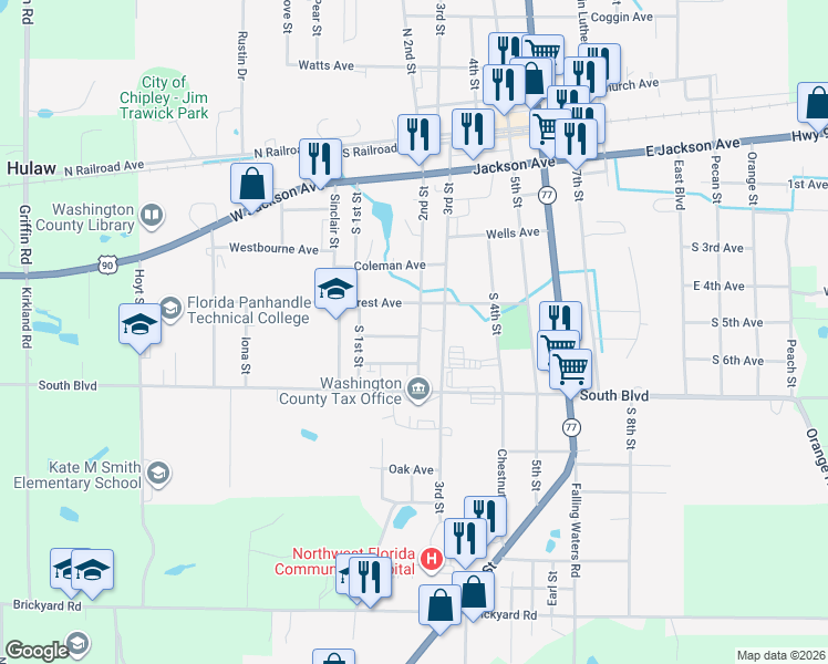 map of restaurants, bars, coffee shops, grocery stores, and more near 792 2nd Street in Chipley