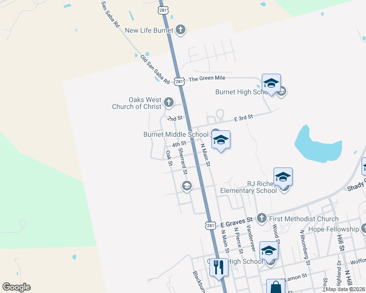 map of restaurants, bars, coffee shops, grocery stores, and more near 207 4th Street in Burnet