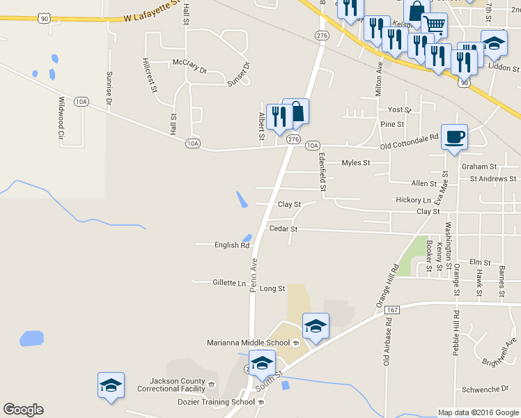 map of restaurants, bars, coffee shops, grocery stores, and more near 4105 Clay Street in Marianna