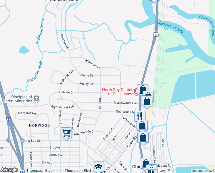 map of restaurants, bars, coffee shops, grocery stores, and more near 213 Valley Rd in Chickasaw