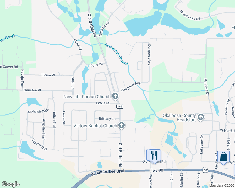 map of restaurants, bars, coffee shops, grocery stores, and more near 101 Conquest Avenue in Crestview