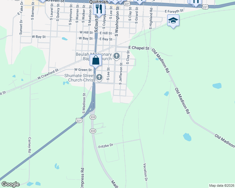 map of restaurants, bars, coffee shops, grocery stores, and more near 1505 South Jefferson Street in Quitman