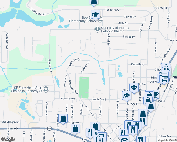 map of restaurants, bars, coffee shops, grocery stores, and more near 573 Panama Drive in Crestview