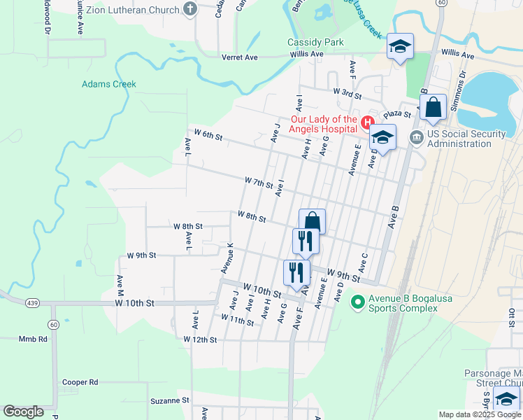 map of restaurants, bars, coffee shops, grocery stores, and more near 732 Avenue J in Bogalusa