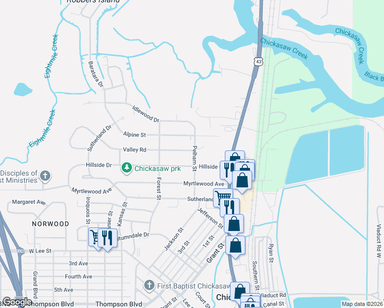 map of restaurants, bars, coffee shops, grocery stores, and more near 303 Pelham Street in Chickasaw