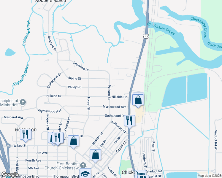 map of restaurants, bars, coffee shops, grocery stores, and more near 306 Pelham Street in Chickasaw