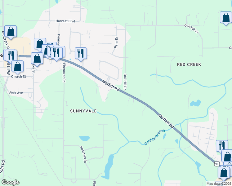 map of restaurants, bars, coffee shops, grocery stores, and more near 8459-8491 Moffett Road in Semmes