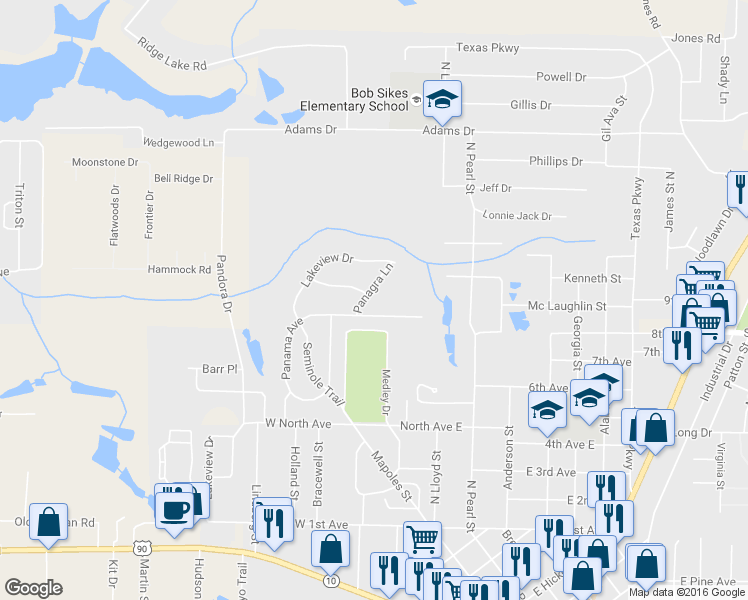 map of restaurants, bars, coffee shops, grocery stores, and more near 451 Panagra Lane in Crestview