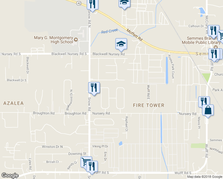 map of restaurants, bars, coffee shops, grocery stores, and more near 3990 Symphony Way West in Semmes