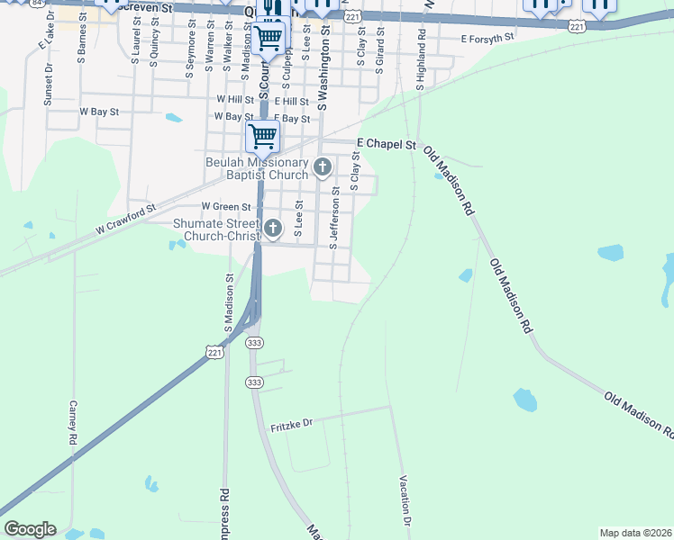 map of restaurants, bars, coffee shops, grocery stores, and more near 1505 South Jefferson Street in Quitman