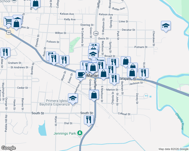 map of restaurants, bars, coffee shops, grocery stores, and more near 2871 Florida 166 in Marianna