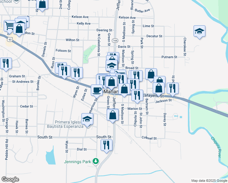map of restaurants, bars, coffee shops, grocery stores, and more near in Marianna
