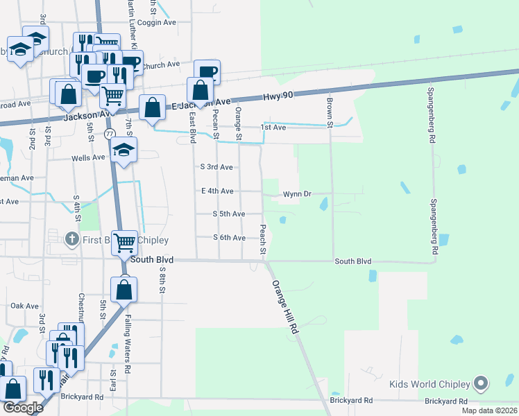 map of restaurants, bars, coffee shops, grocery stores, and more near 758 Peach Street in Chipley