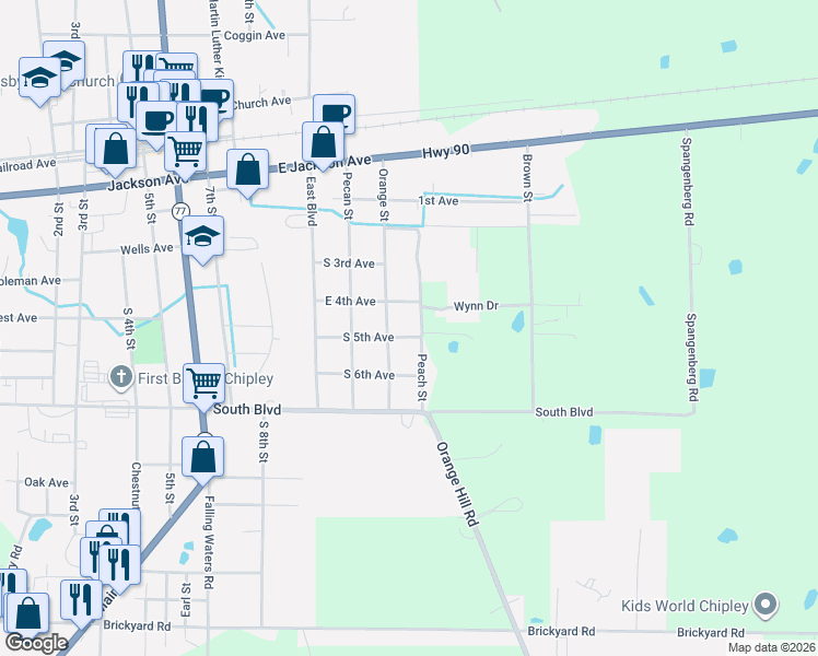 map of restaurants, bars, coffee shops, grocery stores, and more near 758 Peach Street in Chipley