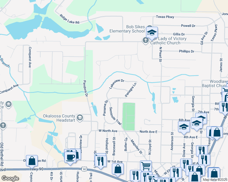 map of restaurants, bars, coffee shops, grocery stores, and more near 118 Salvadore Drive in Crestview