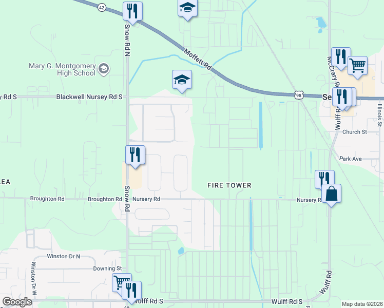 map of restaurants, bars, coffee shops, grocery stores, and more near 3986 Harmony Ridge Circle East in Semmes