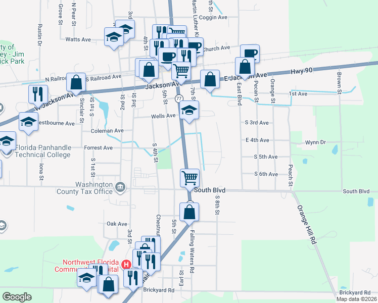 map of restaurants, bars, coffee shops, grocery stores, and more near 979 Main St in Chipley