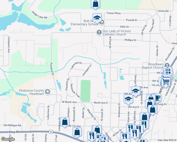 map of restaurants, bars, coffee shops, grocery stores, and more near 447 Panagra Lane in Crestview