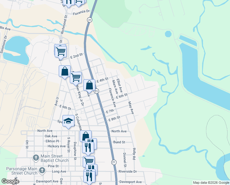 map of restaurants, bars, coffee shops, grocery stores, and more near 841 East 6th Street in Bogalusa