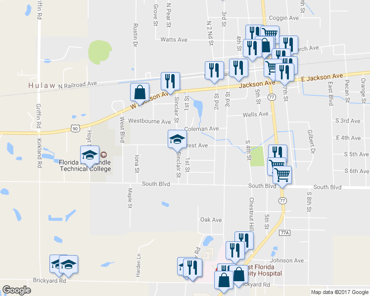 map of restaurants, bars, coffee shops, grocery stores, and more near 776 1st Street in Chipley