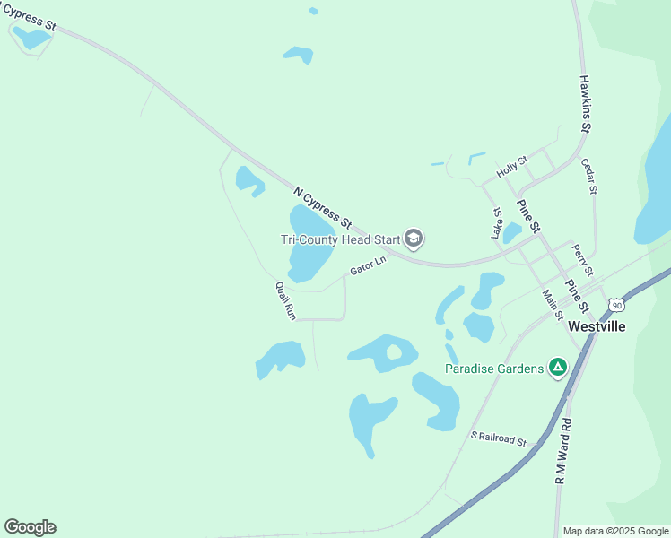 map of restaurants, bars, coffee shops, grocery stores, and more near 2475 Gator Lane in Westville