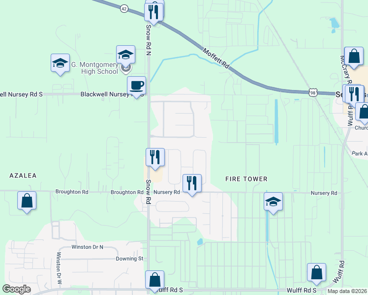 map of restaurants, bars, coffee shops, grocery stores, and more near 4000 Symphony Way East in Semmes