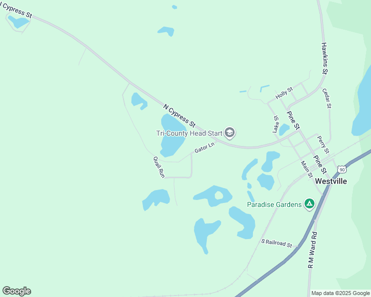 map of restaurants, bars, coffee shops, grocery stores, and more near 2475 Gator Lane in Westville