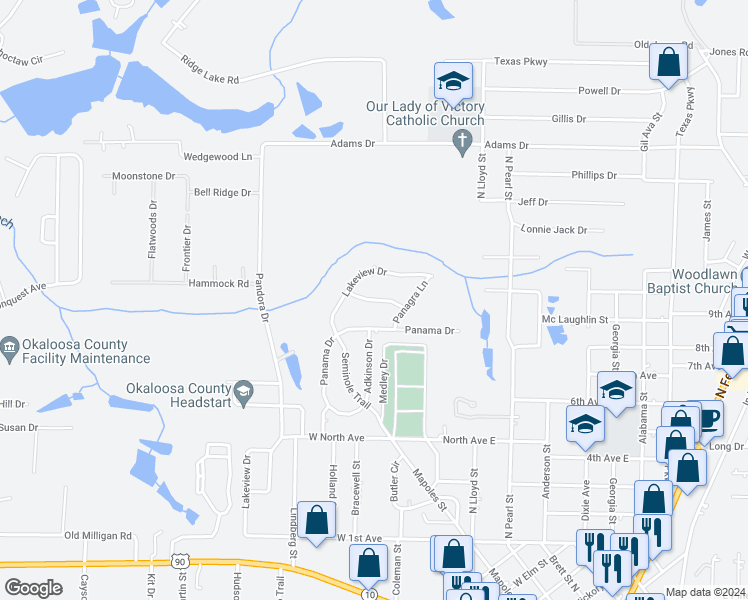 map of restaurants, bars, coffee shops, grocery stores, and more near 143 Salvadore Drive in Crestview