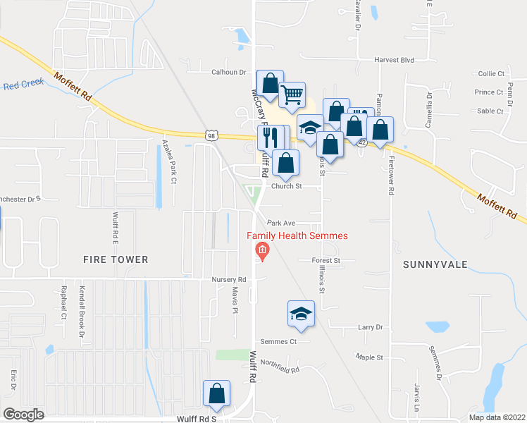 map of restaurants, bars, coffee shops, grocery stores, and more near 9101-9199 Magnolia Avenue in Semmes