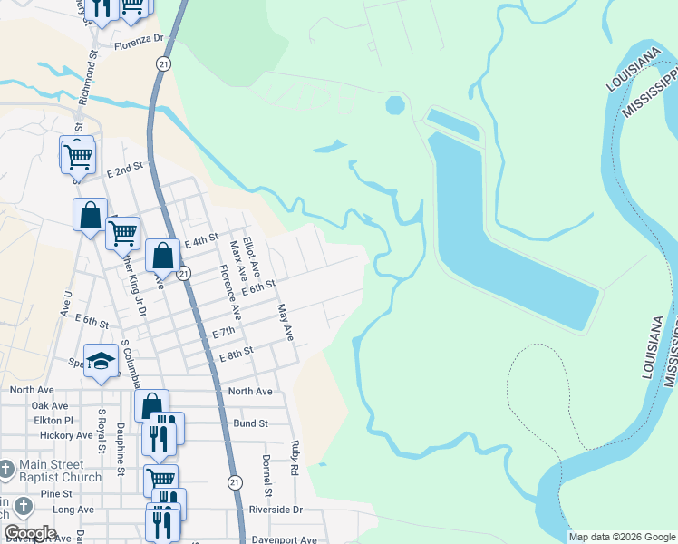 map of restaurants, bars, coffee shops, grocery stores, and more near 1127 East 6th Street in Bogalusa