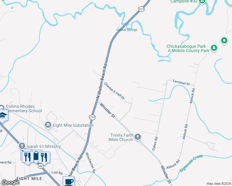 map of restaurants, bars, coffee shops, grocery stores, and more near 4544 Charles E Hall Drive in Prichard