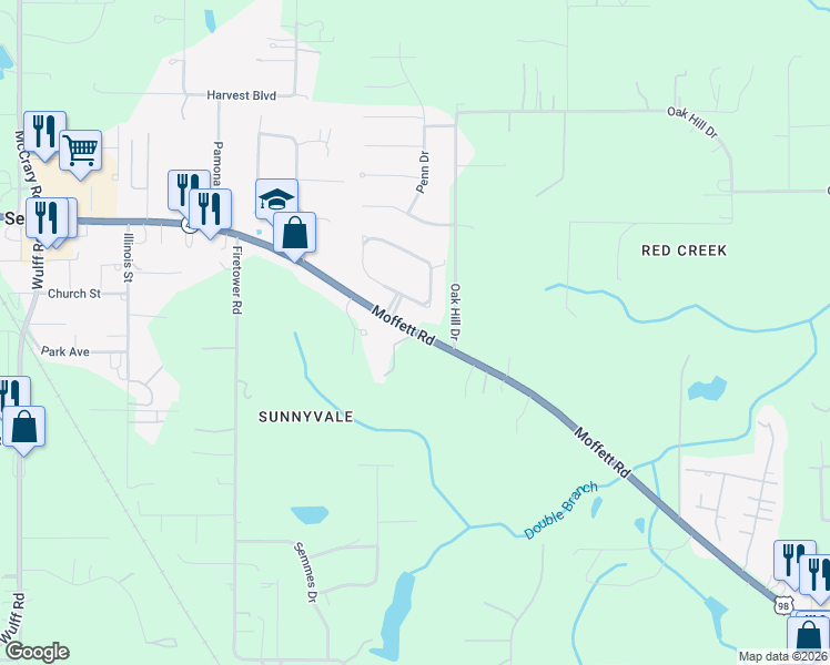map of restaurants, bars, coffee shops, grocery stores, and more near 8491 Moffett Road in Semmes