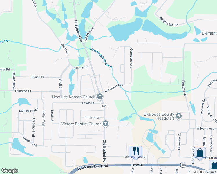 map of restaurants, bars, coffee shops, grocery stores, and more near 401 Tobago Court in Crestview