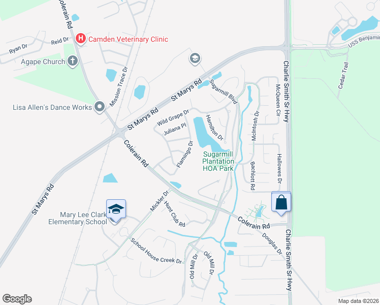 map of restaurants, bars, coffee shops, grocery stores, and more near 303 Flamingo Drive in St. Marys