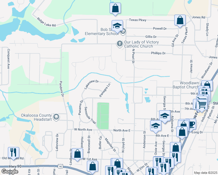map of restaurants, bars, coffee shops, grocery stores, and more near 443 Panagra Lane in Crestview