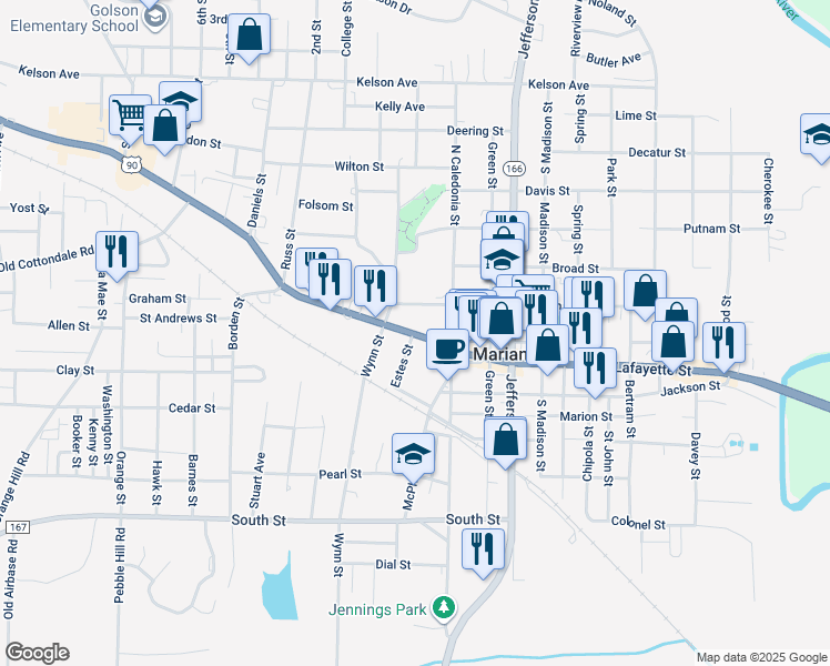 map of restaurants, bars, coffee shops, grocery stores, and more near in Marianna