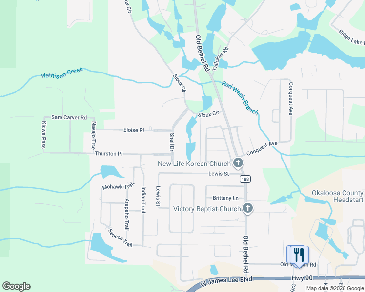 map of restaurants, bars, coffee shops, grocery stores, and more near 206 Shell Drive in Crestview