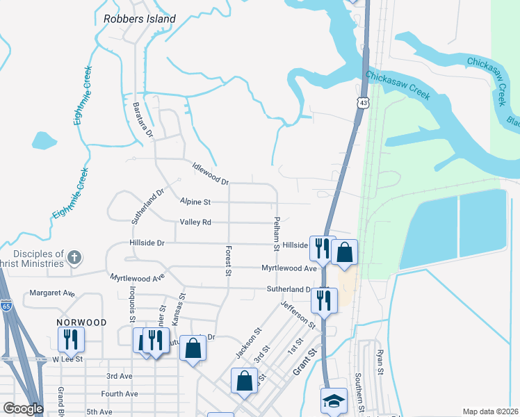 map of restaurants, bars, coffee shops, grocery stores, and more near 202 Alpine Street in Chickasaw