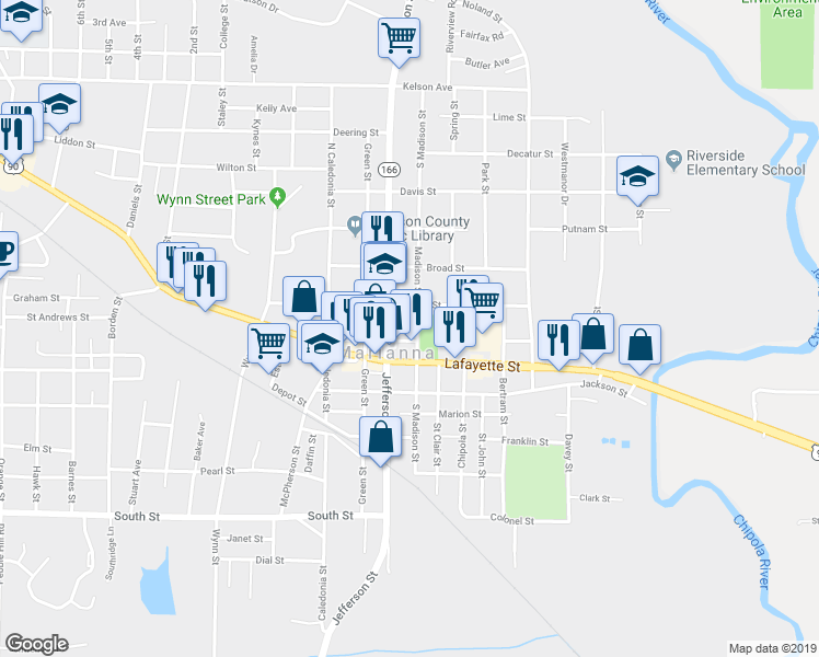 map of restaurants, bars, coffee shops, grocery stores, and more near 2887 Madison Street in Marianna