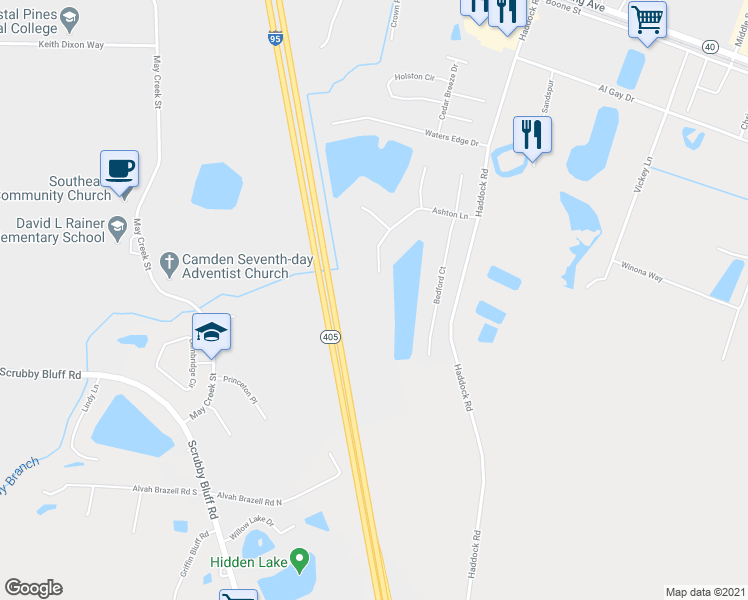 map of restaurants, bars, coffee shops, grocery stores, and more near 121 Ashton Lane in Kingsland