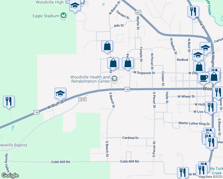 map of restaurants, bars, coffee shops, grocery stores, and more near 1300 West Bluff Street in Woodville