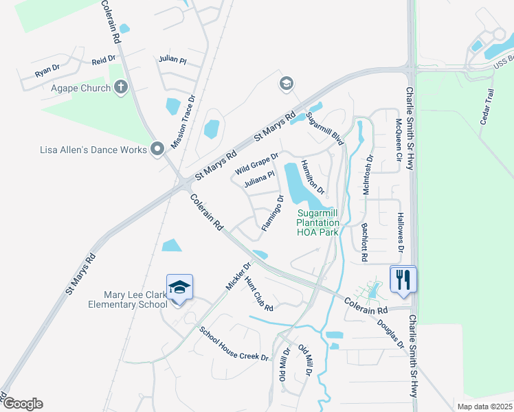 map of restaurants, bars, coffee shops, grocery stores, and more near 100 Saint James Place in St. Marys