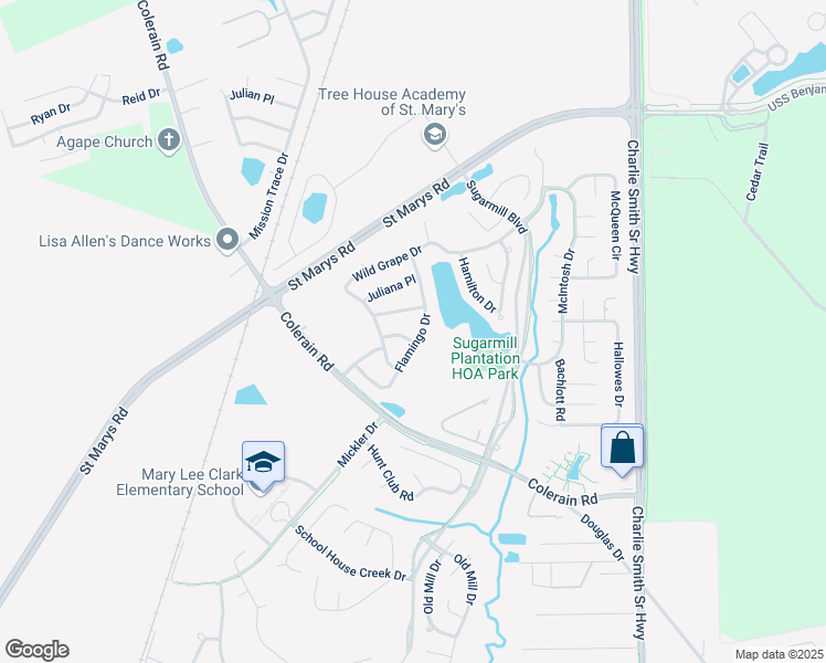 map of restaurants, bars, coffee shops, grocery stores, and more near 301 Flamingo Drive in St. Marys