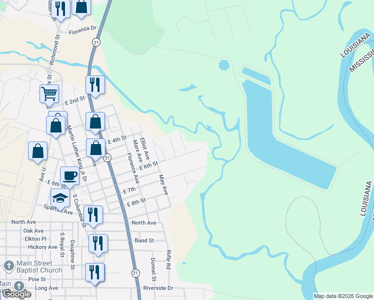 map of restaurants, bars, coffee shops, grocery stores, and more near 1127 East 6th Street in Bogalusa