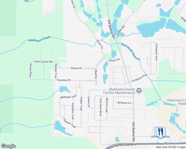 map of restaurants, bars, coffee shops, grocery stores, and more near 203 Shell Drive in Crestview