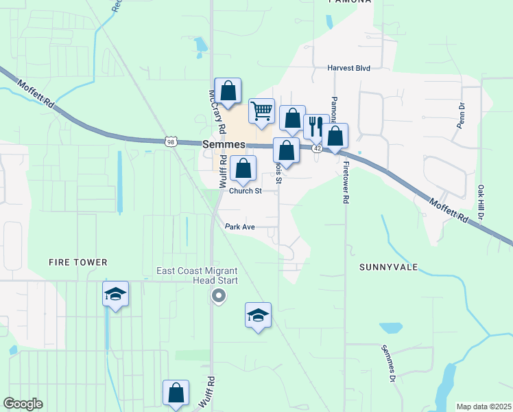 map of restaurants, bars, coffee shops, grocery stores, and more near 9080 Michigan Avenue in Semmes