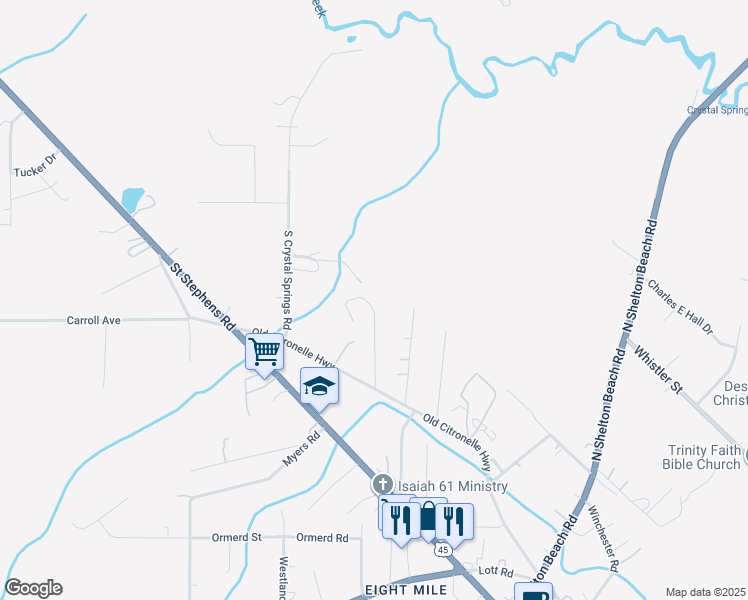 map of restaurants, bars, coffee shops, grocery stores, and more near 298 Sasser Drive in Prichard